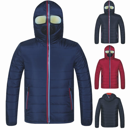 Warm hooded winter jacket in black on a white background.