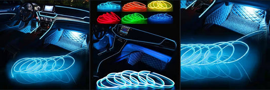 Car interior lit with ambient LED strip lights