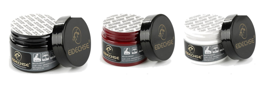 Leather color repair balm jars in black, red and white