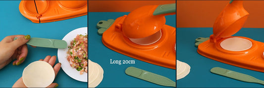 Dumpling maker and wrapper cutter in use