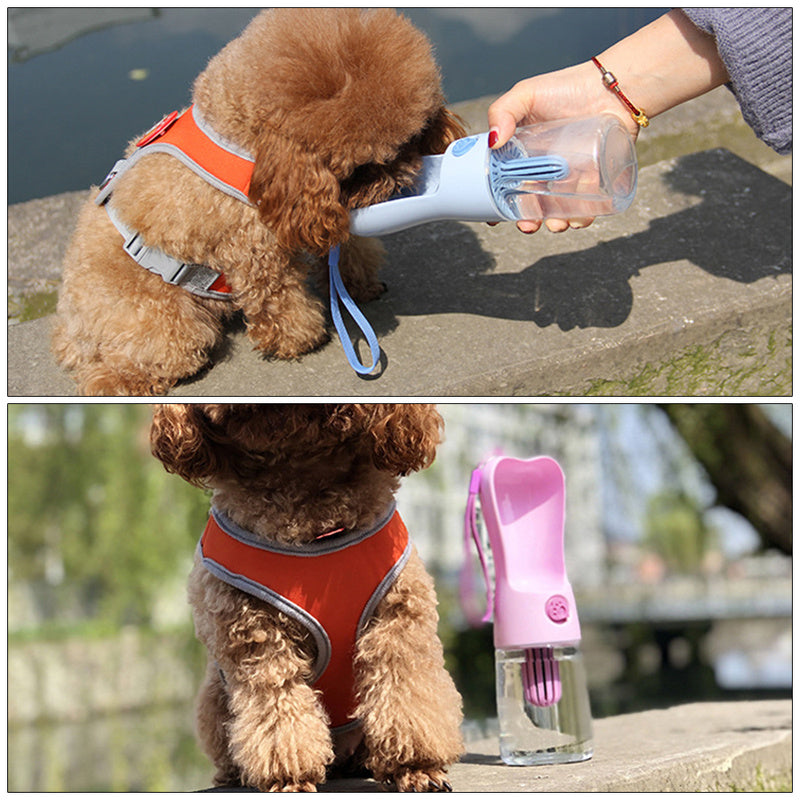 Dog drinking from a blue portable pet water bottle