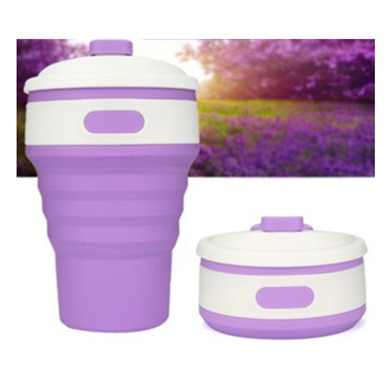 Purple collapsible silicone travel cup expanded and collapsed