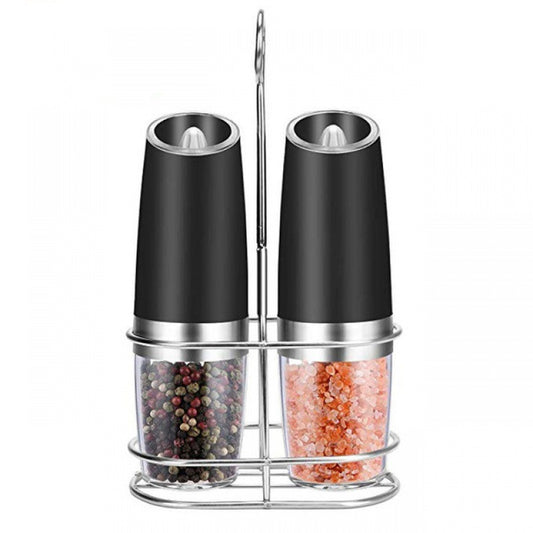 Set of two gravity electric spice grinders in a metal stand