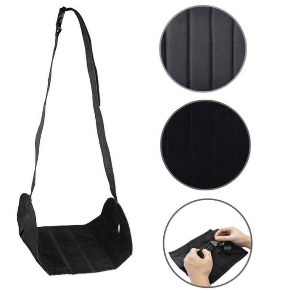 Under desk foot hammock with adjustable straps and close up details