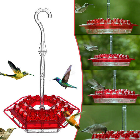 Red hexagonal hummingbird feeder with birds