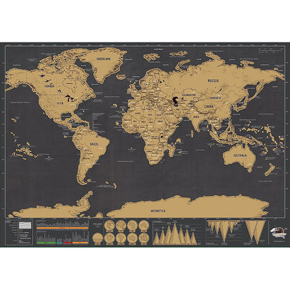 Black and gold scratch-off world map poster