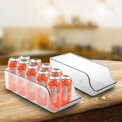 Transparent fridge can organizer dispenser with pink cans