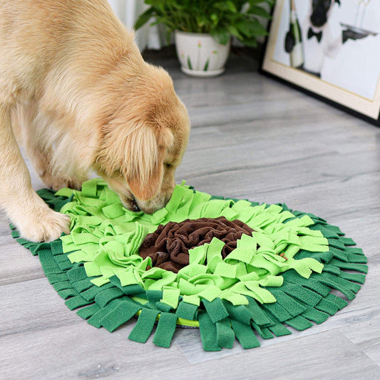 Dog using the avocado snuffle mat