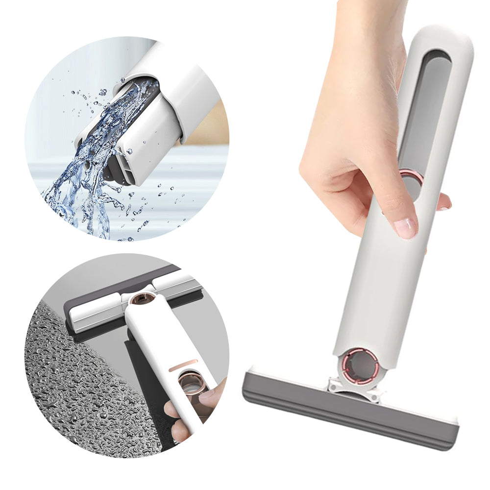 White mini squeeze mop showing water wringing action and cleaning a surface