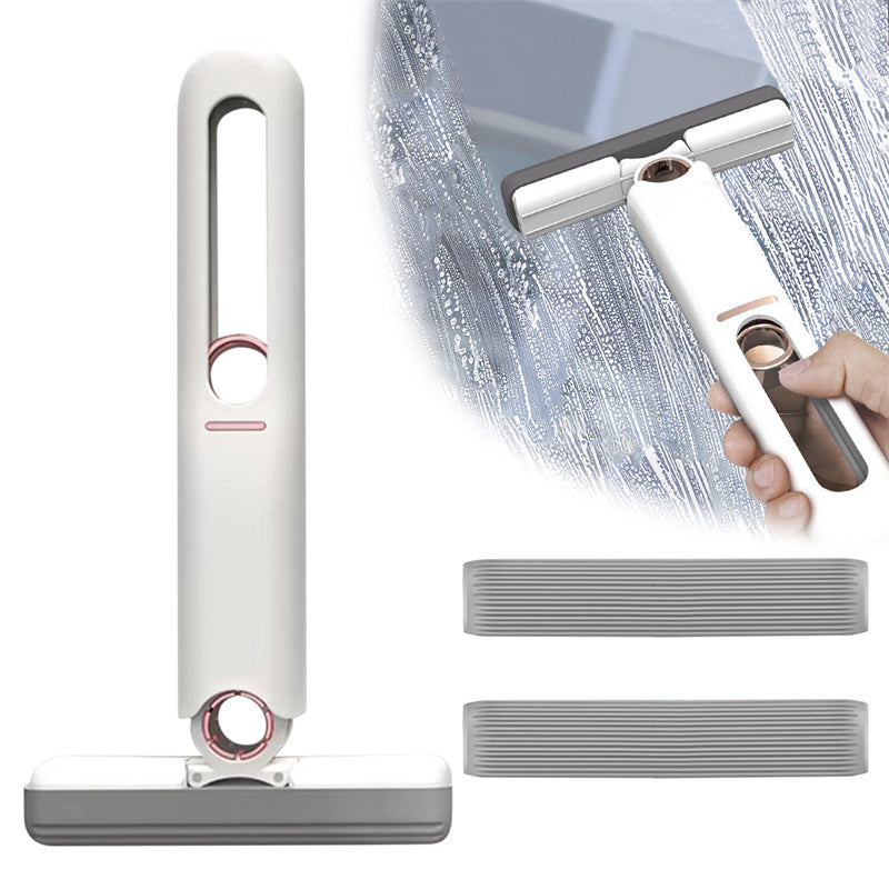White mini squeeze mop cleaning a sudsy glass surface