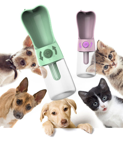 Green and pink portable pet water bottles with dogs and cats