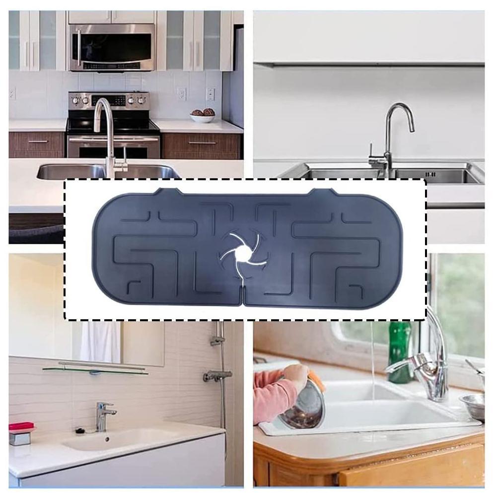 Collage showing the silicone faucet splash guard mat in various sinks