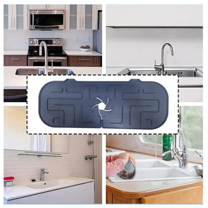 Collage showing the silicone faucet splash guard mat in various sinks