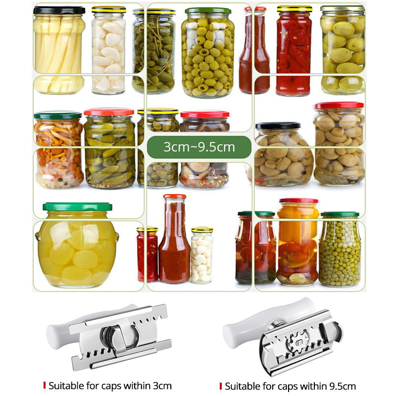 Adjustable jar opener shown with assorted sizes of glass jars