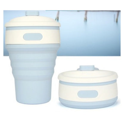 Light blue collapsible silicone travel cup expanded and collapsed
