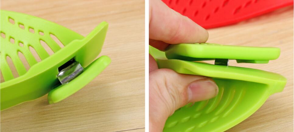 Close-up of the strainer's metal clip mechanism