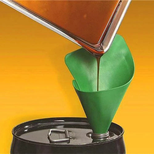 Pouring fluid from a square container through the green flexible funnel
