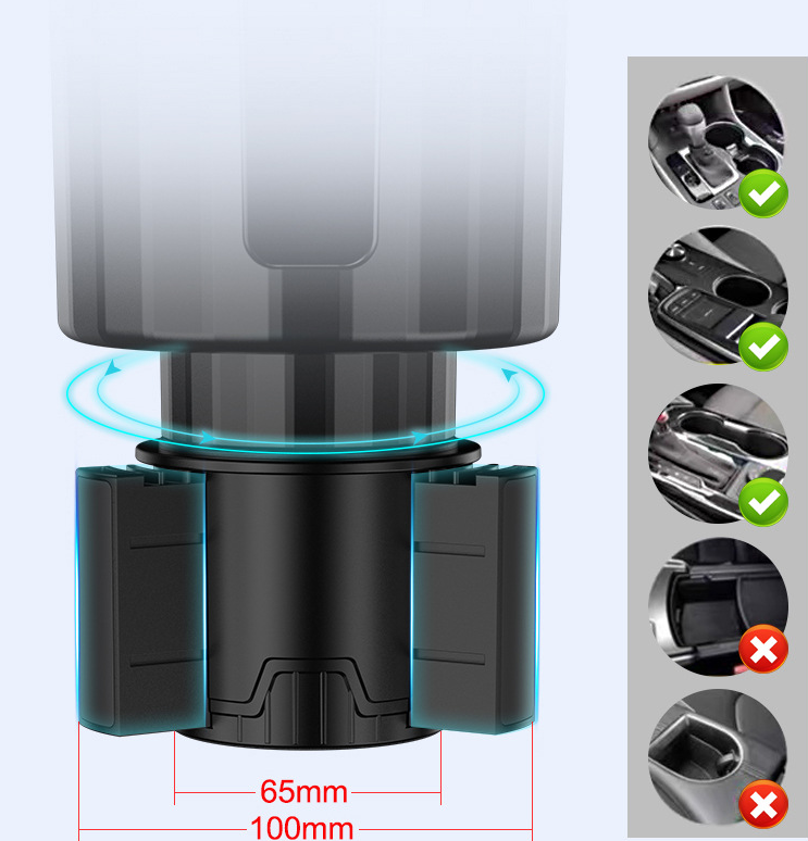 Demonstration of the adjustable base on the car cup holder expander