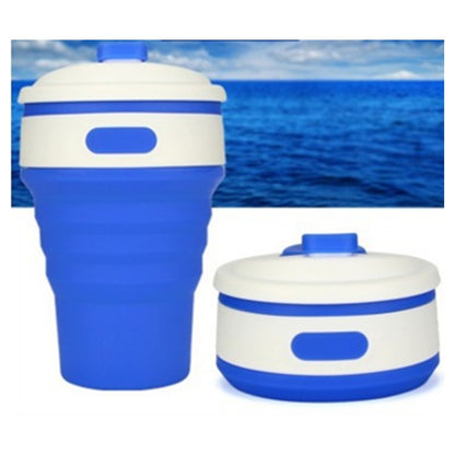 Blue collapsible silicone travel cup expanded and collapsed