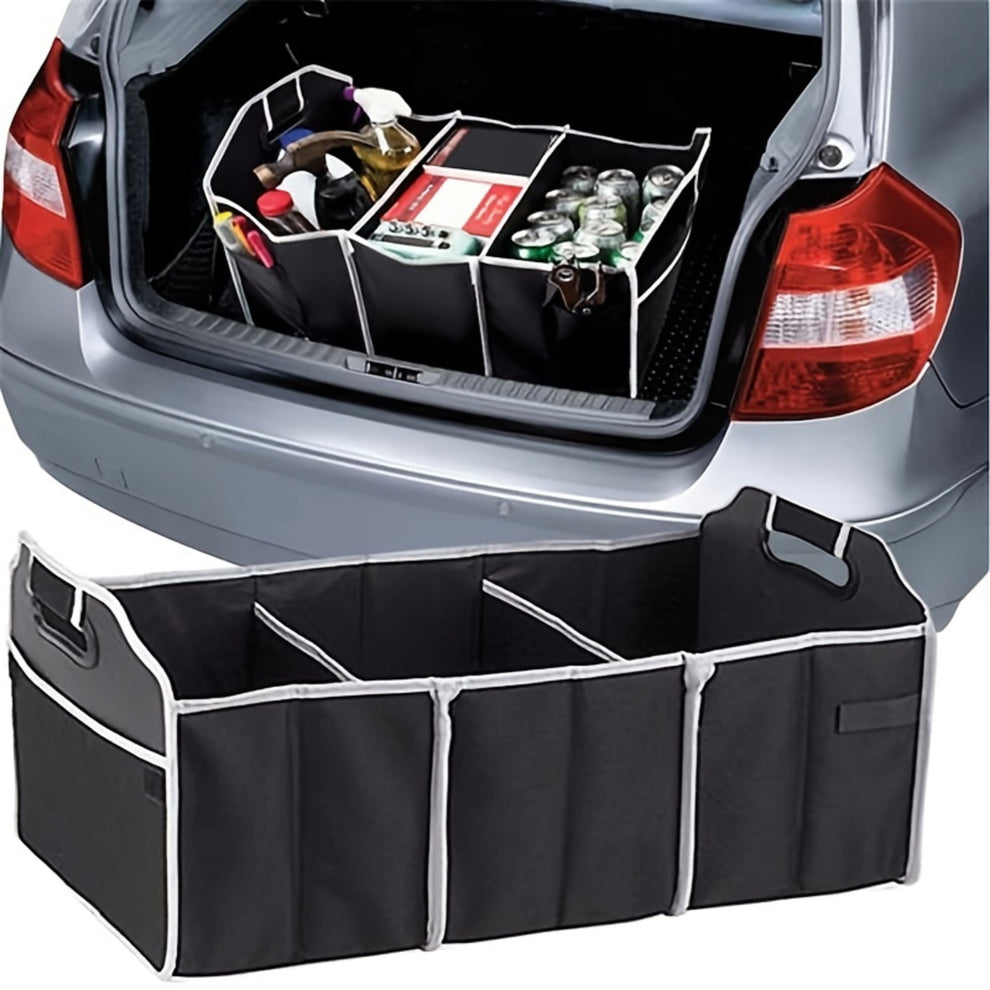 Collapsible car trunk organizer filled with items in a car trunk