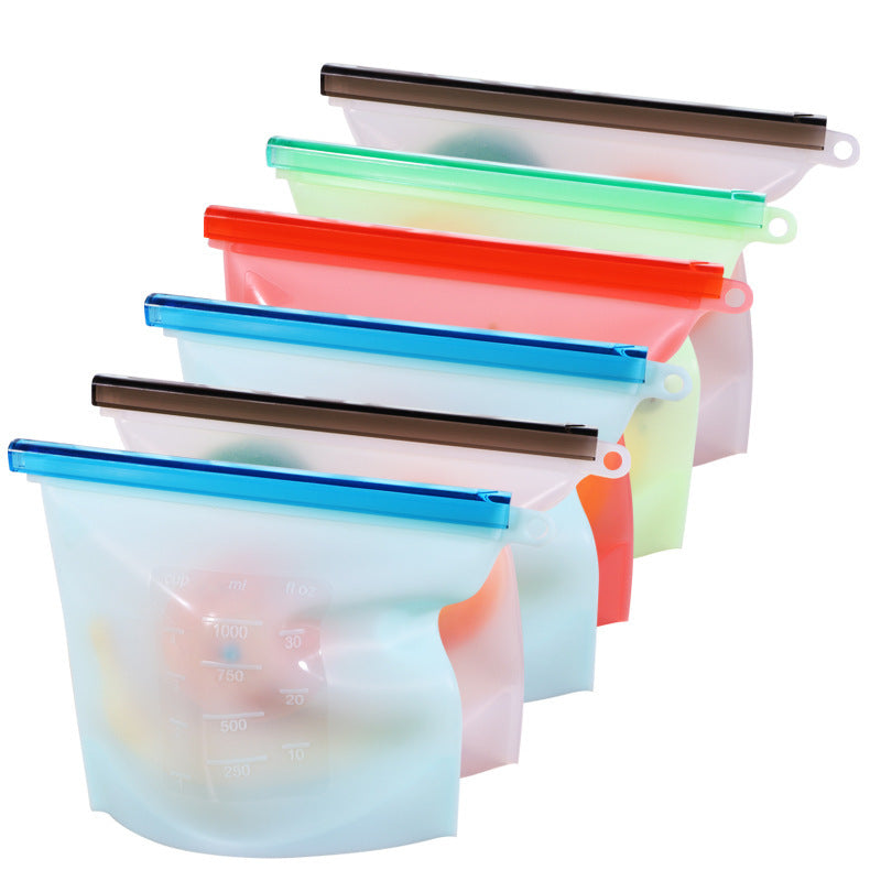 Row of colorful empty silicone food storage bags