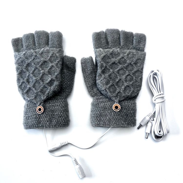 Pair of grey knitted USB heated fingerless gloves