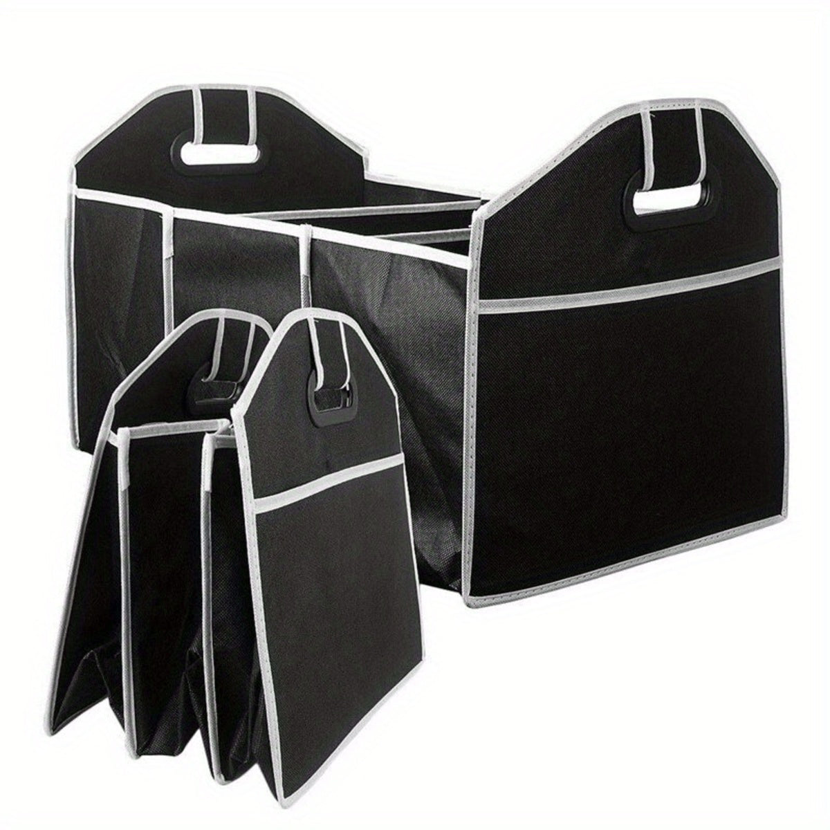 Foldable trunk organizer shown fully expanded and folded