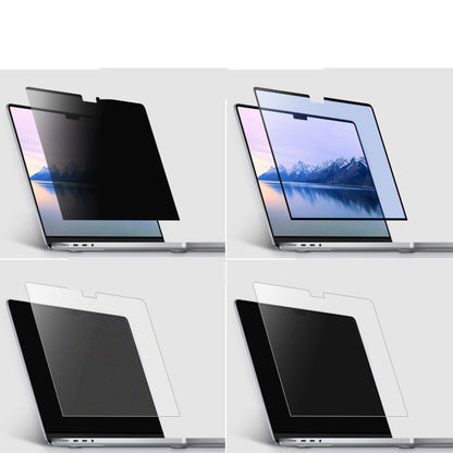 Four versions of magnetic privacy screens on laptops