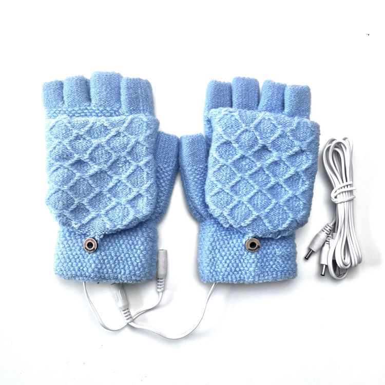 Pair of light blue USB heated fingerless gloves