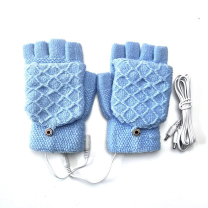Pair of light blue USB heated fingerless gloves