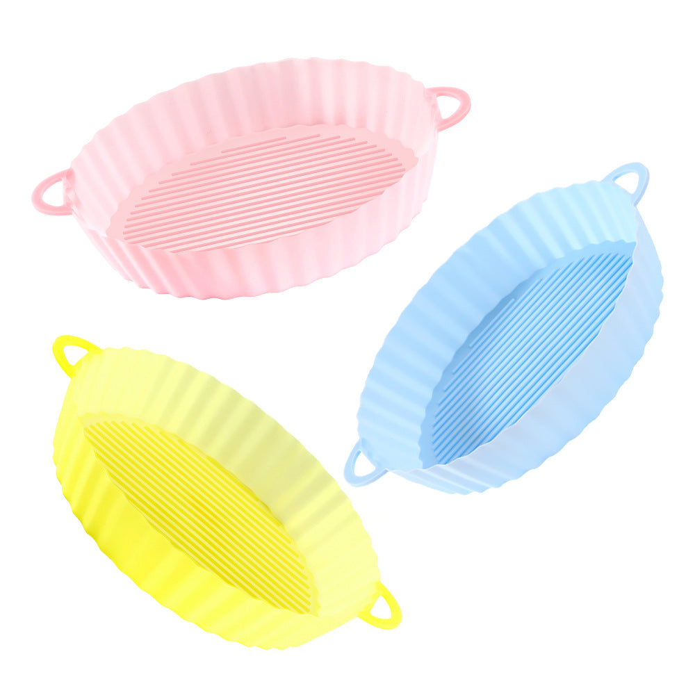 Pink, yellow, and blue silicone air fryer pots