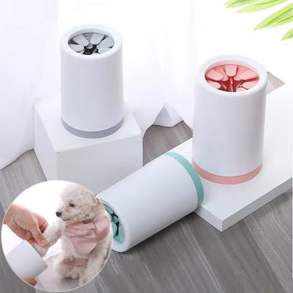 Multiple paw cleaner cups with an inset of a dog getting its paw cleaned