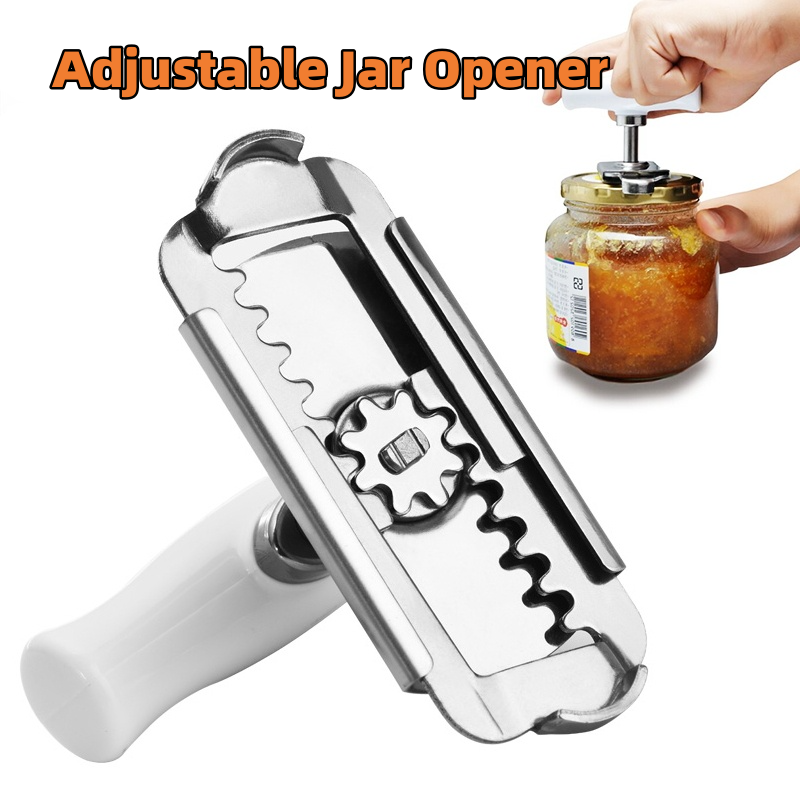 Adjustable stainless steel jar opener placed on a glass jar