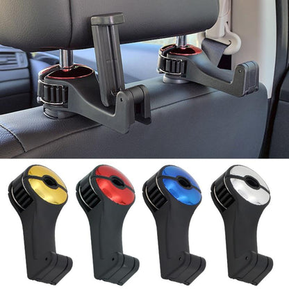 Headrest hooks holding a smartphone and a water bottle