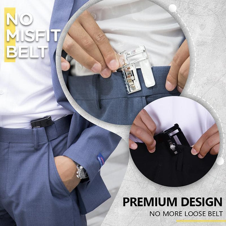 Waist tightening clip attached to the waistband of blue denim jeans.