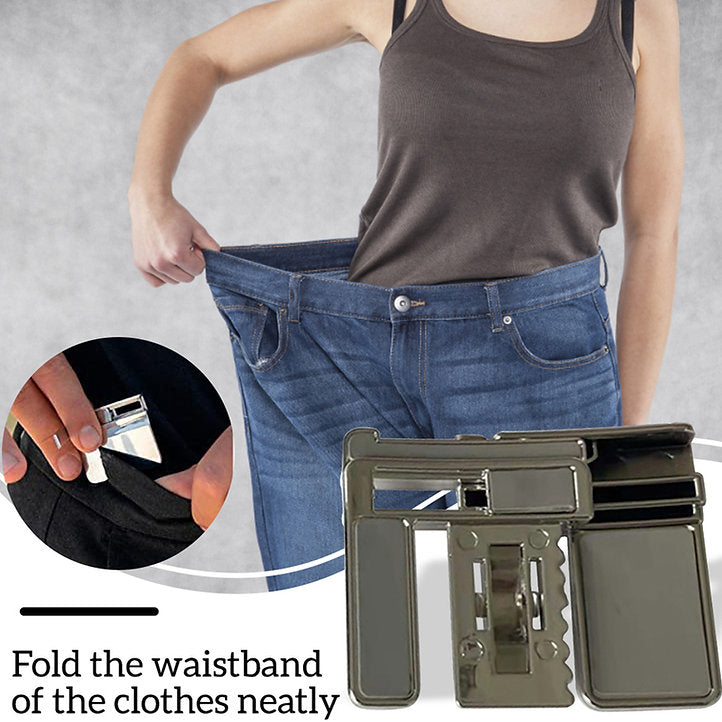 Silver waist clip securing a black skirt to create a snug fit.