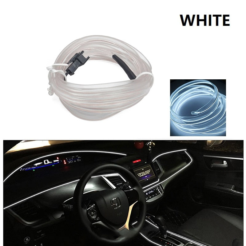 Flexible LED trim light tucked into a car dashboard gap