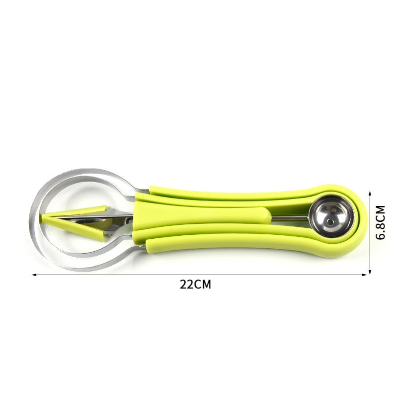 Close-up of the fruit baller and slicer tools in action