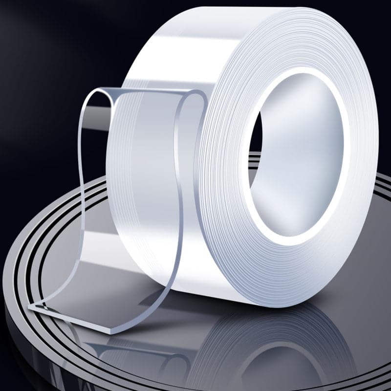 Clear nano double-sided tape roll standing upright