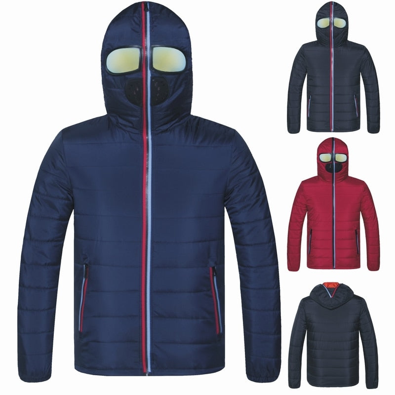 Warm hooded winter jacket in black on a white background.