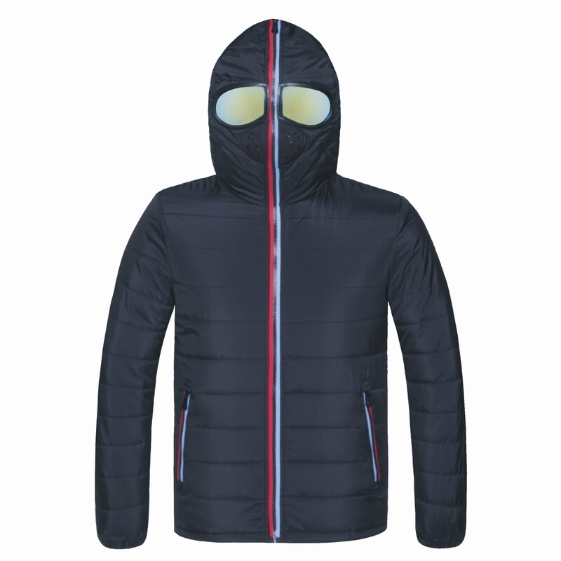 Red winter jacket with hood displayed from the front.