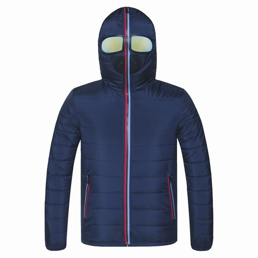 Close-up view of the jacket's cozy hood and zipper.