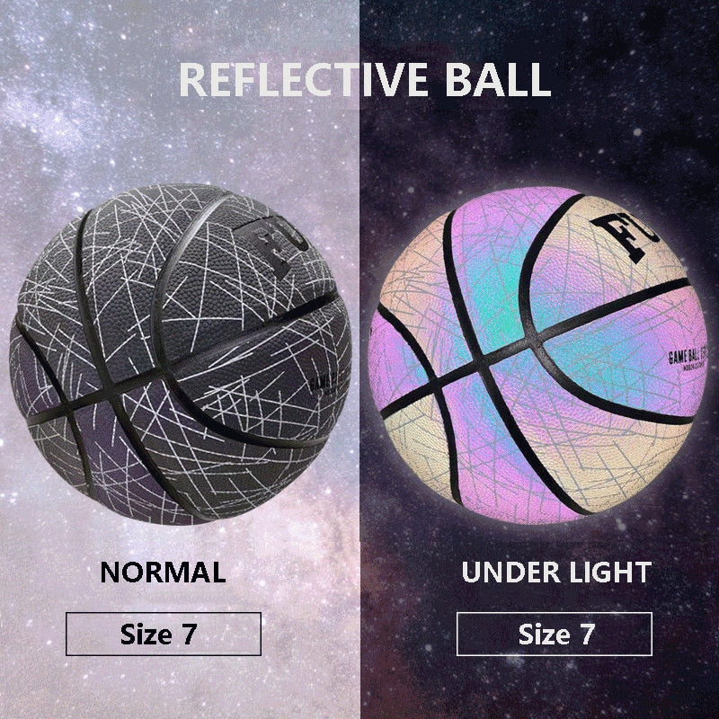 Holographic reflective basketball glowing brightly on a dark outdoor court
