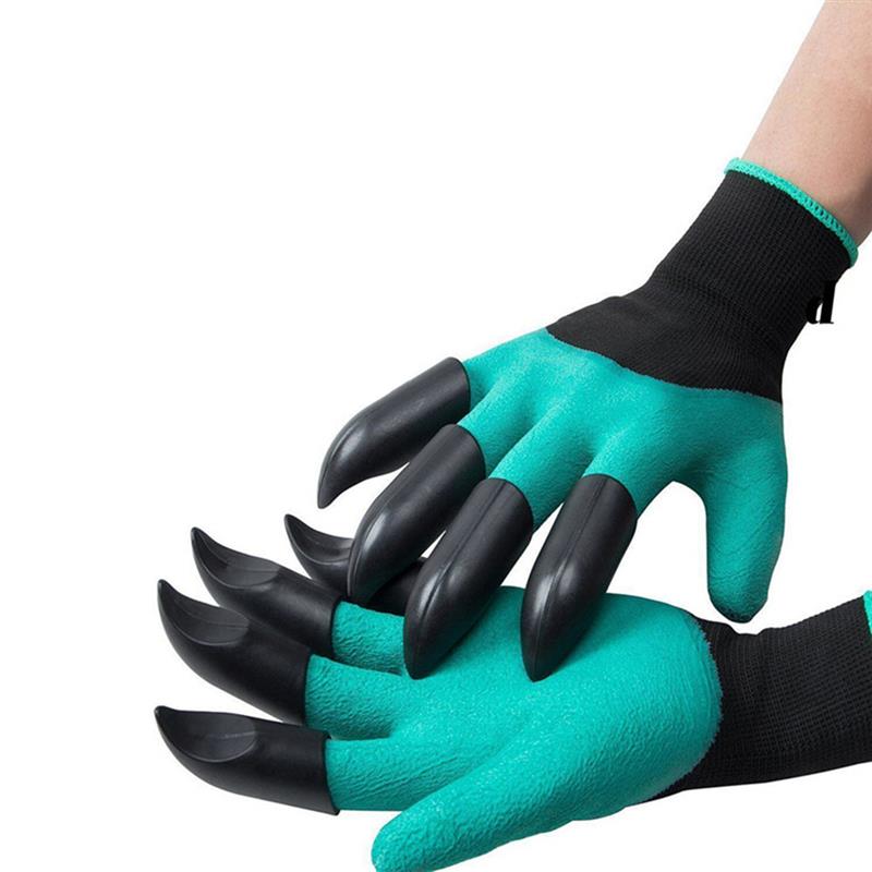Gardening gloves laid out next to a small trowel and seedlings