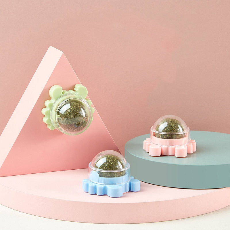 Green, pink and blue interactive rolling ball toys for cats.