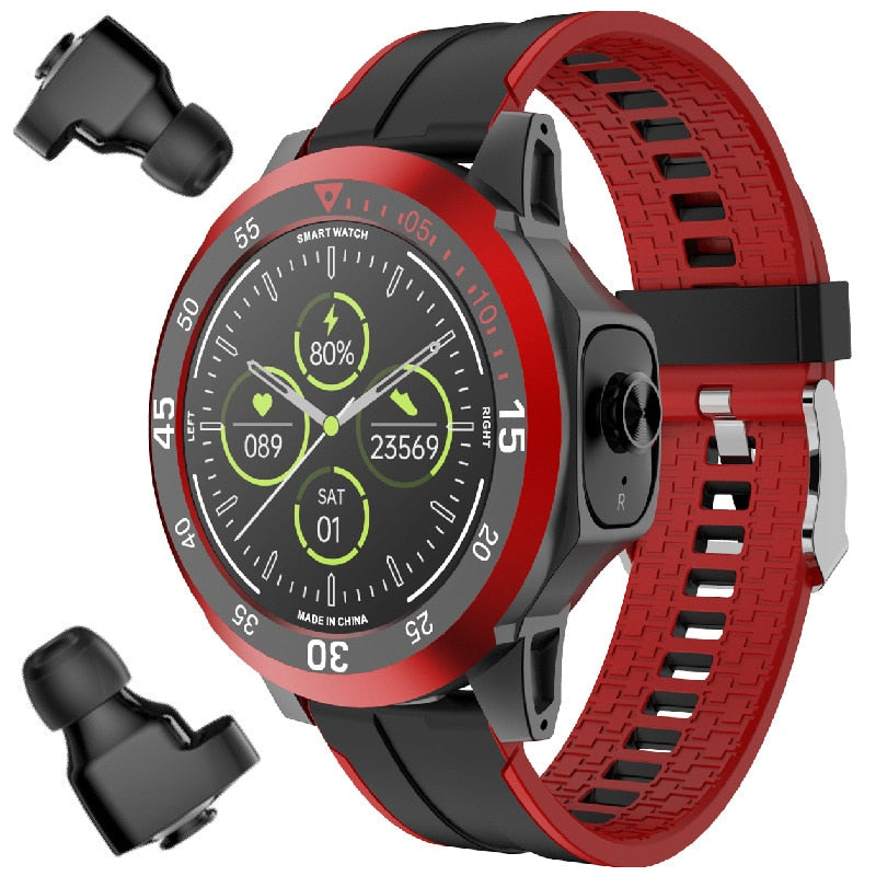 Person running outdoors while wearing the smartwatch and using the earbuds