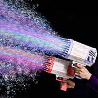 69-hole bubble machine gun blowing a massive cloud of bubbles outdoors.