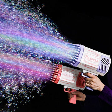 69-hole bubble machine gun blowing a massive cloud of bubbles outdoors.