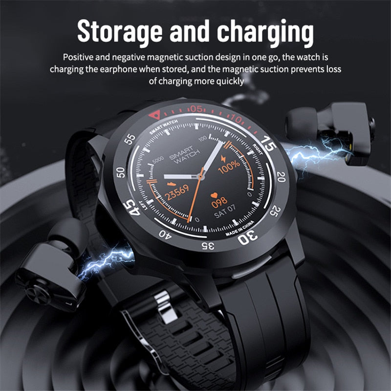 Black smartwatch with the screen open revealing two small wireless earbuds inside