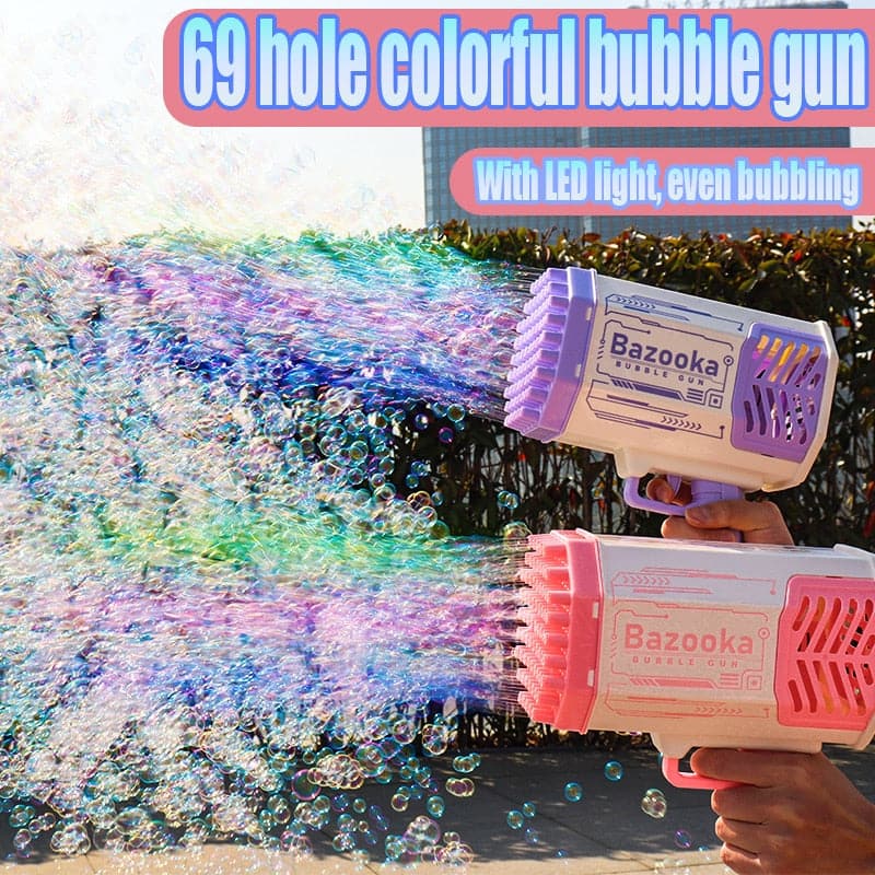 Pink and blue bubble machine toy options side by side.